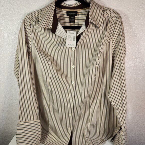 NWT Lane Bryant Size 14/16W Long Sleeve Gold Metallic Striped Button Up Top - Picture 12 of 12
